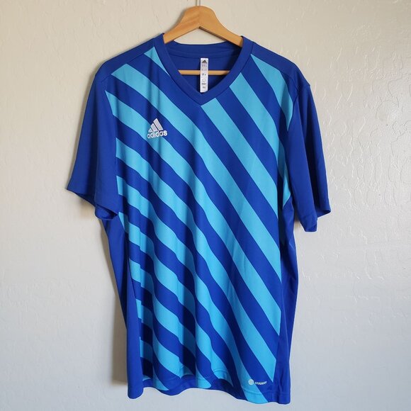 Adidas Performance Entrada 22 GFX Soccer Jersey Shirt Blue Mens XL Stripe V-Neck - Picture 1 of 10